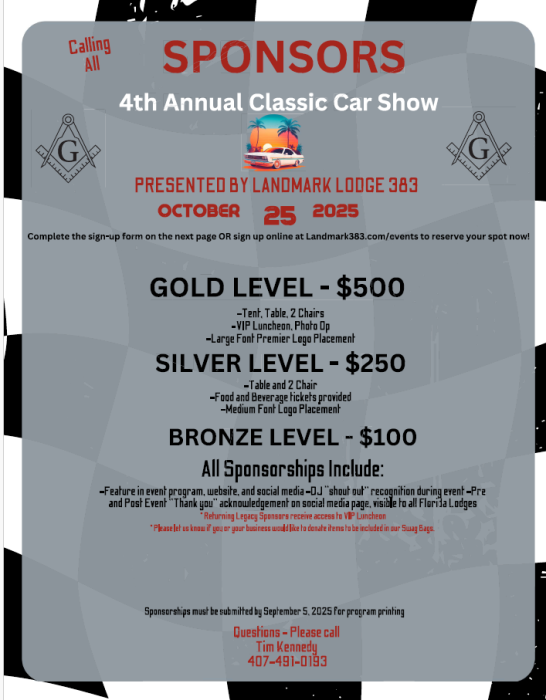 Car show sponsor levels. Gold $500, Silver $250, and Bronze $100.